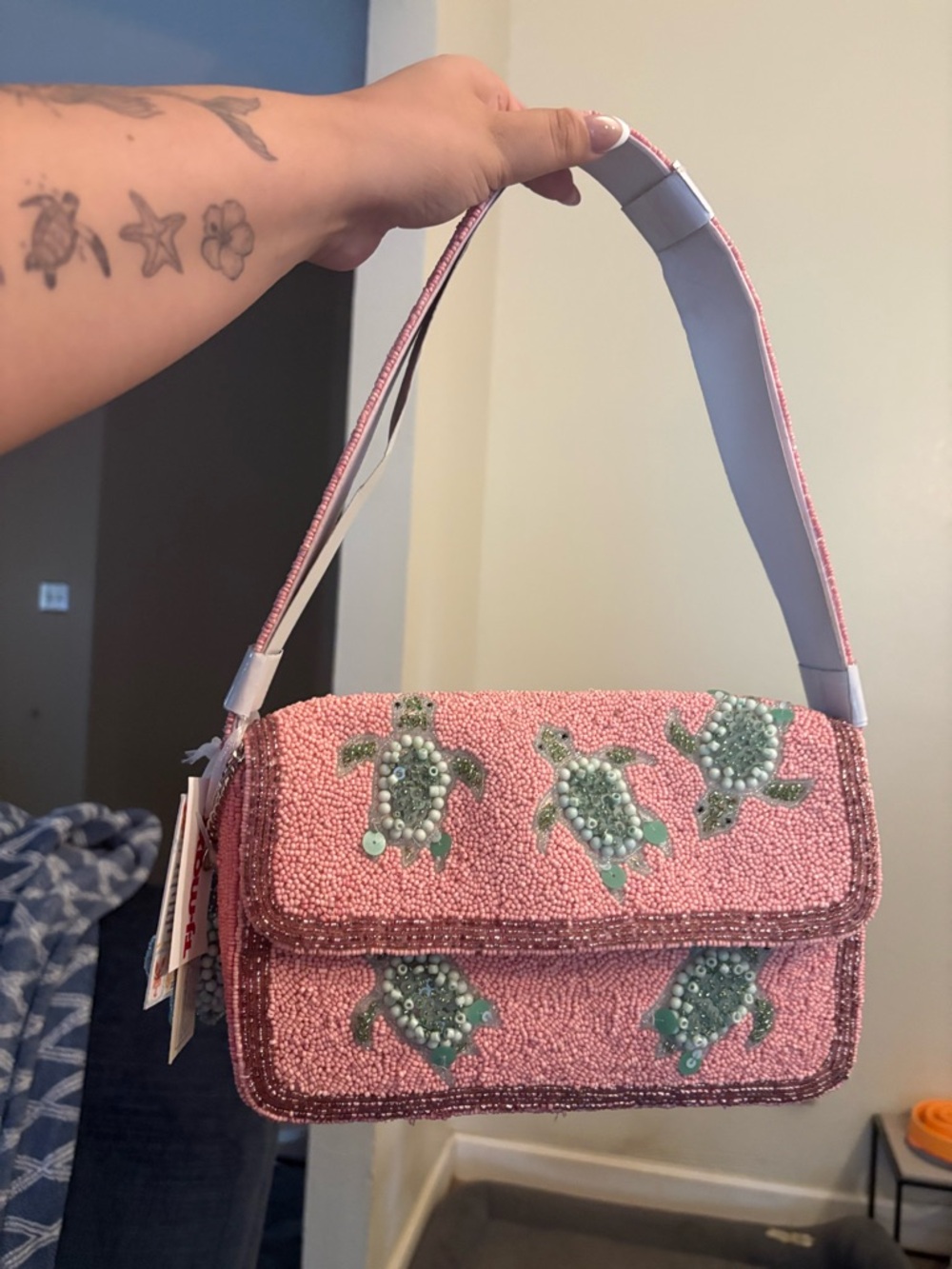 NWT Handcrafted in India Beaded Pink Turtle Bag